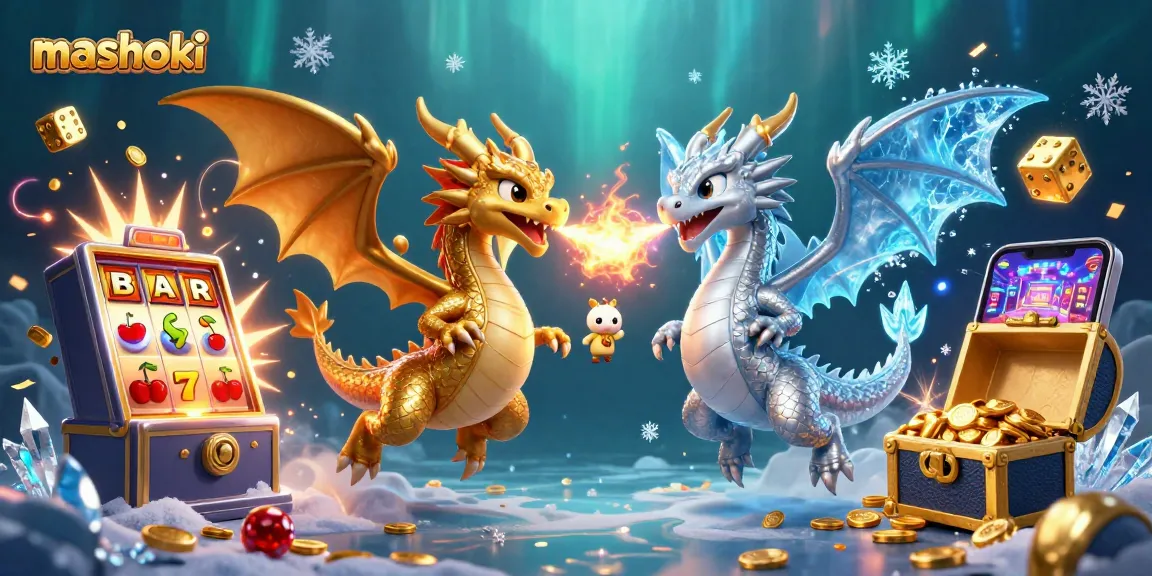 Win big with mashoki in an ultra-detailed 3D casino illustration showcasing dragons and slot machines.
