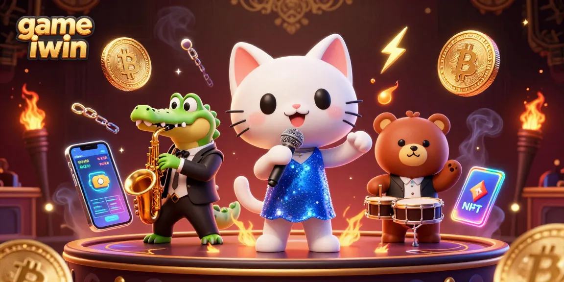 Engage with game iwin through a lively casino scene featuring a singing cat and playful characters.