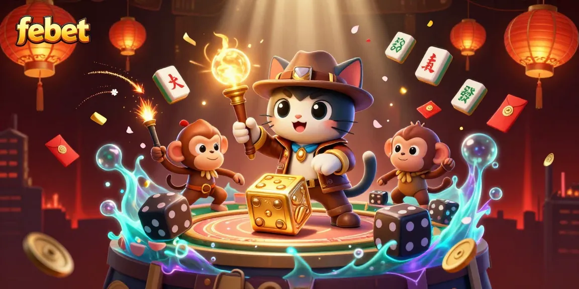 Experience the excitement of gambling at febet, with a cat archaeologist uncovering golden casino treasures amidst vibrant game elements.