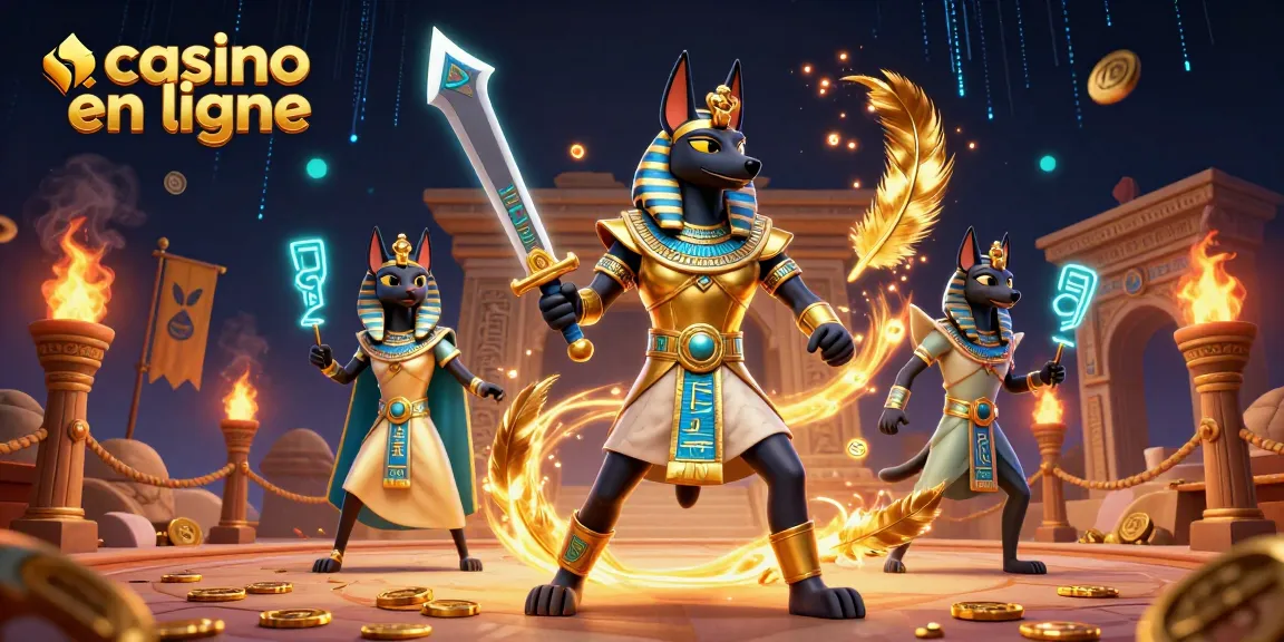 Vivez l'expérience de jeux captivants au casino en ligne avec ce visuel dynamique d'Anubis et Bastet.