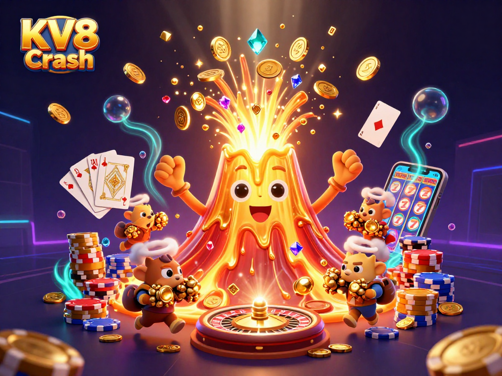 Experience thrilling KV8 Crash gameplay with dynamic casino elements, lively characters, and vibrant treasures.