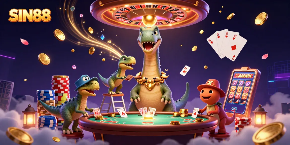 SIN88 showcases a vibrant casino scene with a towering brontosaurus, raptor dealer, and dynamic game elements.