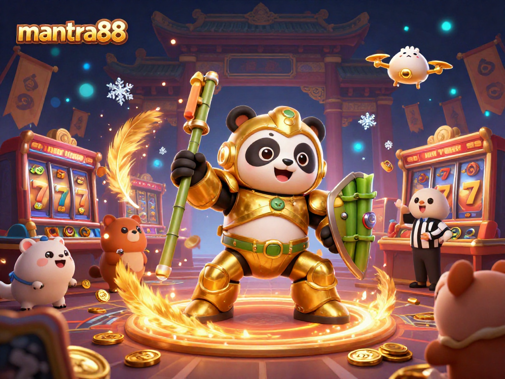 Experience excitement with mantra88 in a vibrant 3D casino arena featuring a mech-suit panda fighter and dynamic game elements.