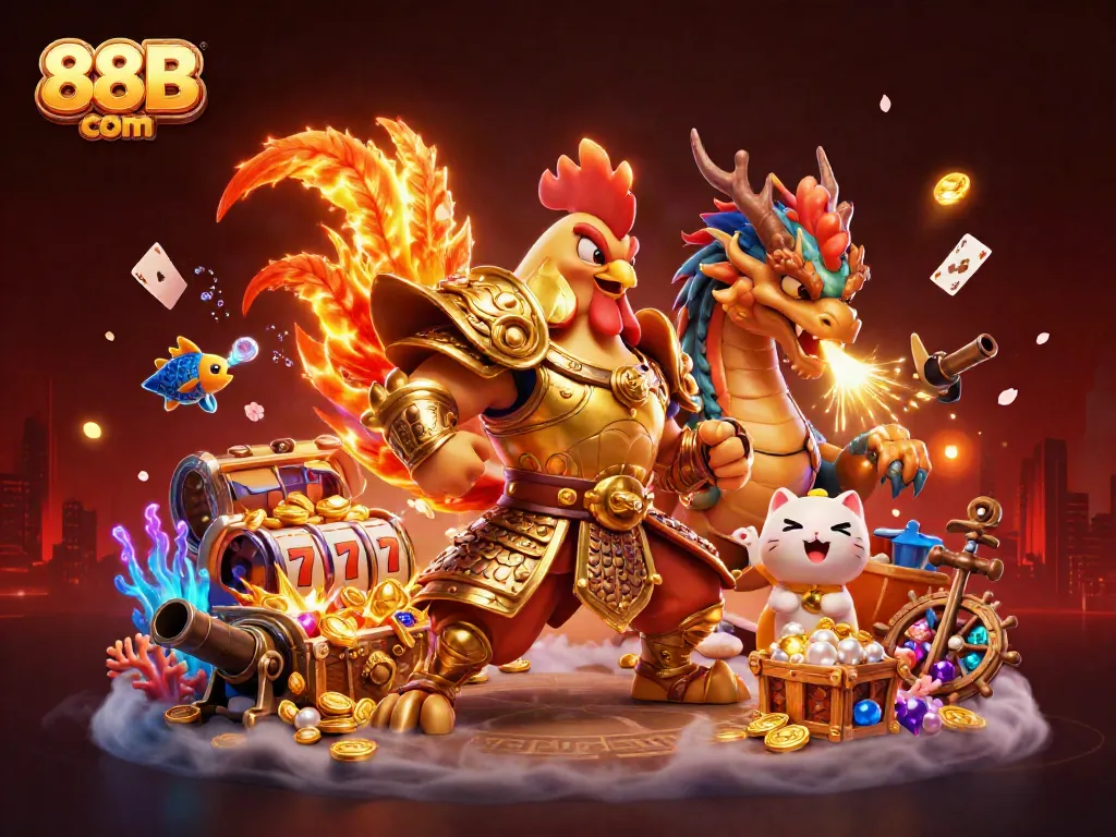 Experience thrilling games with 88B com's vibrant casino artwork featuring epic characters and elements.