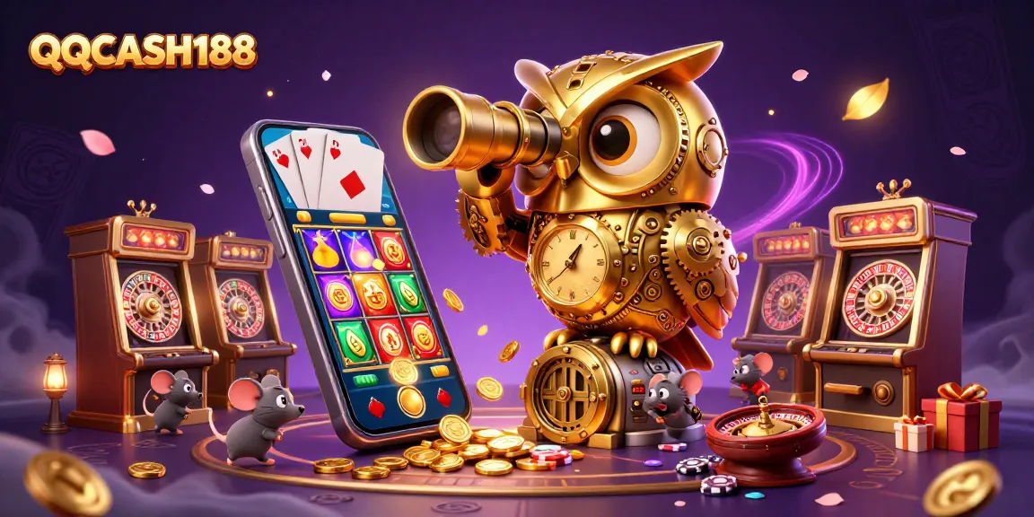Join the excitement of QQCASH188 with a vibrant illustration of 3D casino games and characters.
