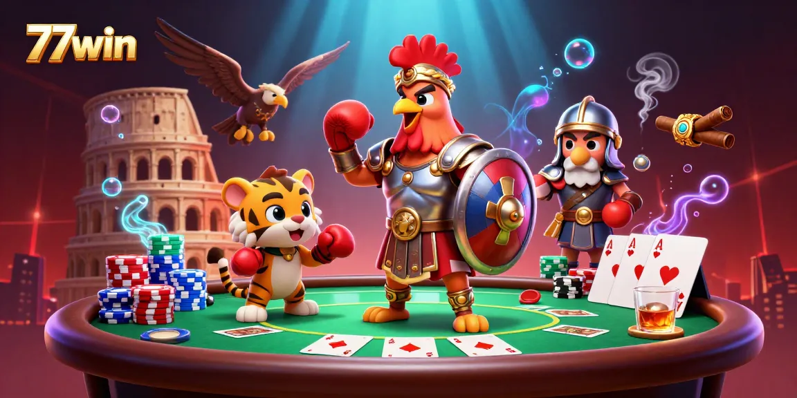 Experience thrilling action at 77win casino with colorful poker elements and animated characters.