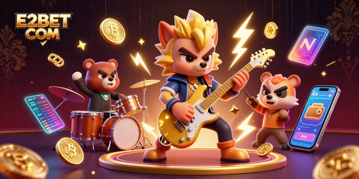 Experience thrilling entertainment with E2BET COM as cartoon characters rock out on a dazzling casino stage.