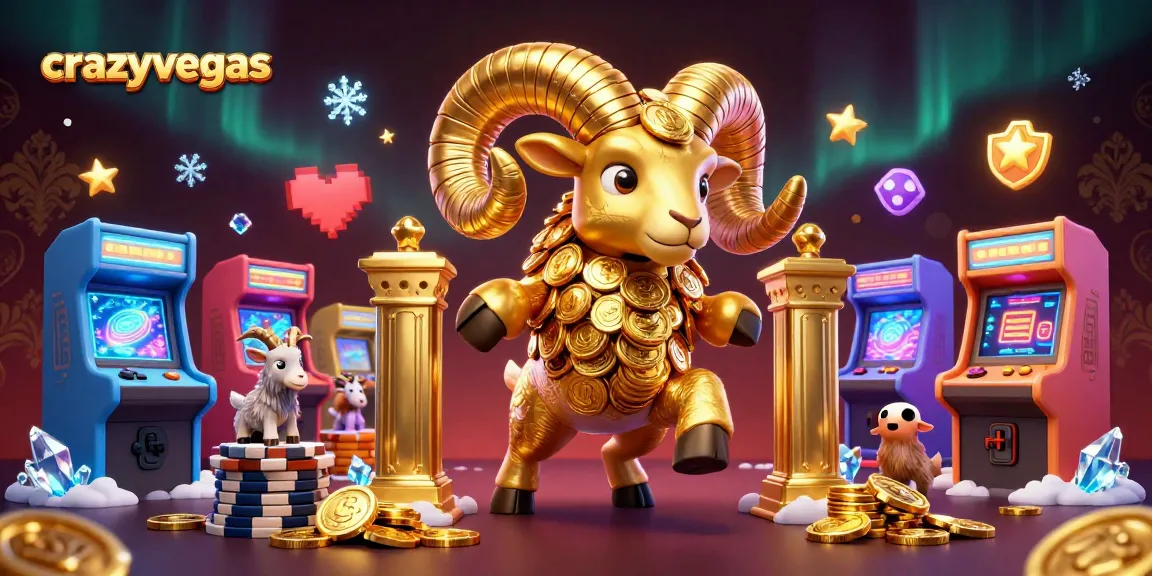Engage with crazyvegas' vibrant 3D realm, featuring dynamic gold ram characters amidst arcade elements.