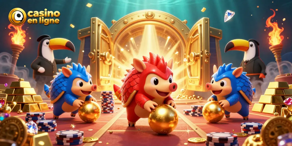 Jouez à "casino en ligne" avec des pangolins rivaux et une scène de poker animée pleine d'or.