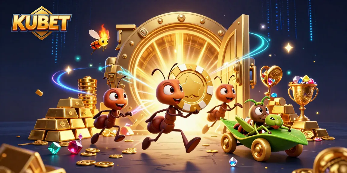 KUBET's exciting heist scene with cartoon ants, poker chip, and vibrant casino treasures