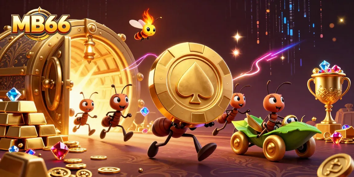 MB66 ants heist scene featuring golden poker chip and casino treasures