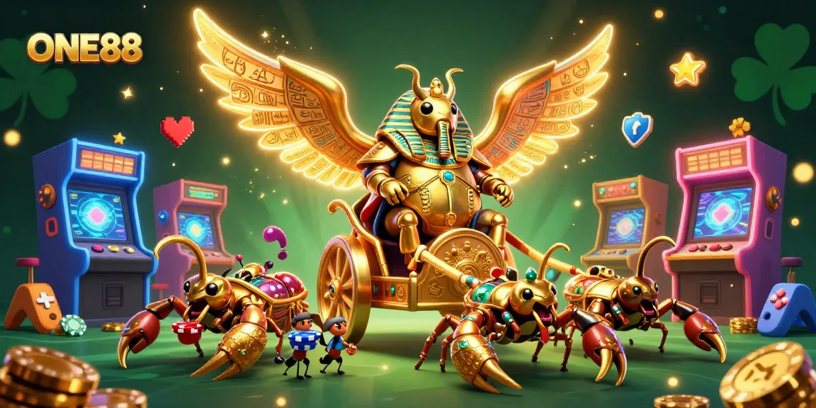 Experience thrilling gameplay at ONE88 with a vibrant scene of a colossal scarab beetle and gaming elements.