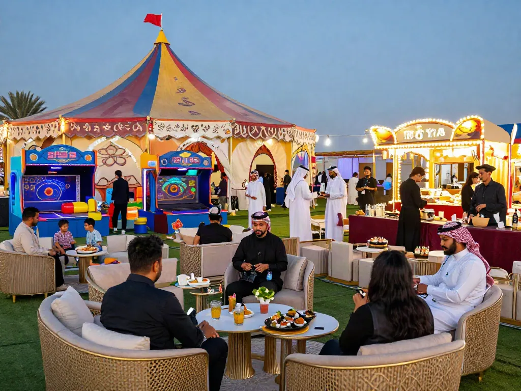 Event rental ksa experience at a vibrant corporate fair with elegant furniture and entertaining attractions.