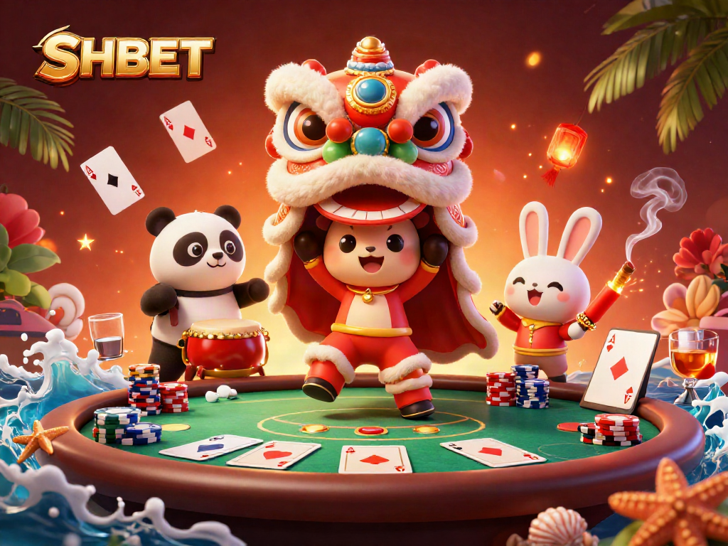 Experience exciting SHBET gaming with a vibrant lion dance and casino visuals.