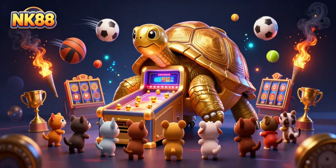Experience thrilling gaming at NK88 with a lively scene of a golden tortoise pinball machine amidst dynamic sports elements.