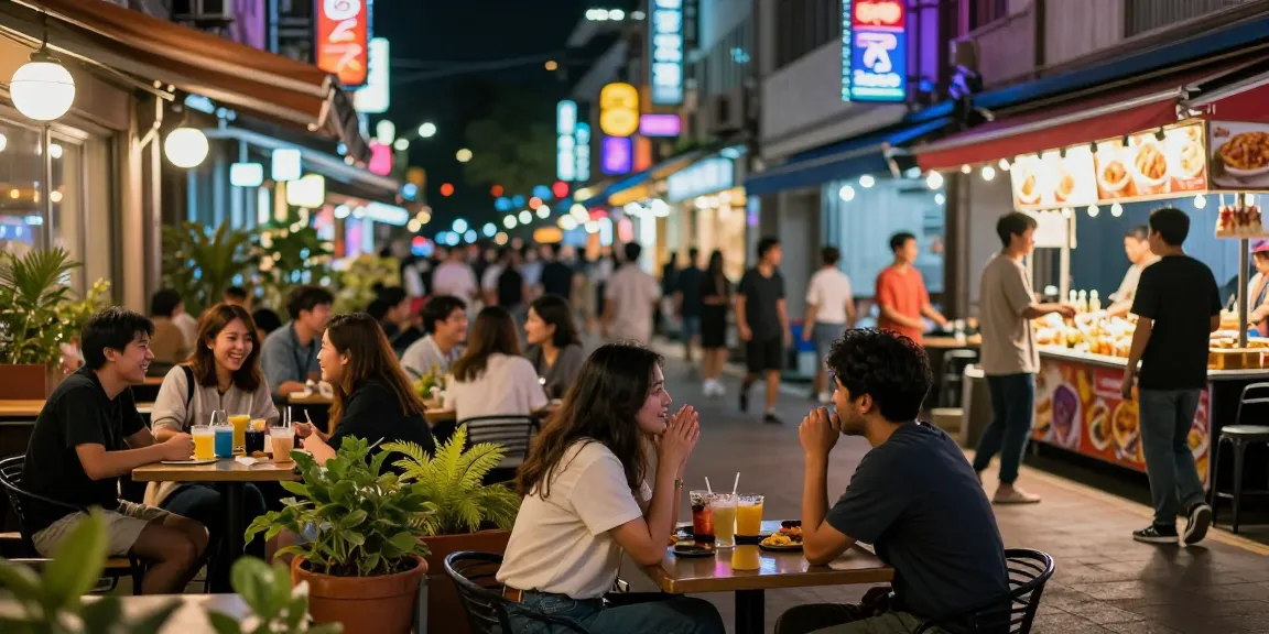 Vibrant nightlife scene at a 유흥사이트 with friends enjoying drinks and entertainment in a lively urban setting.