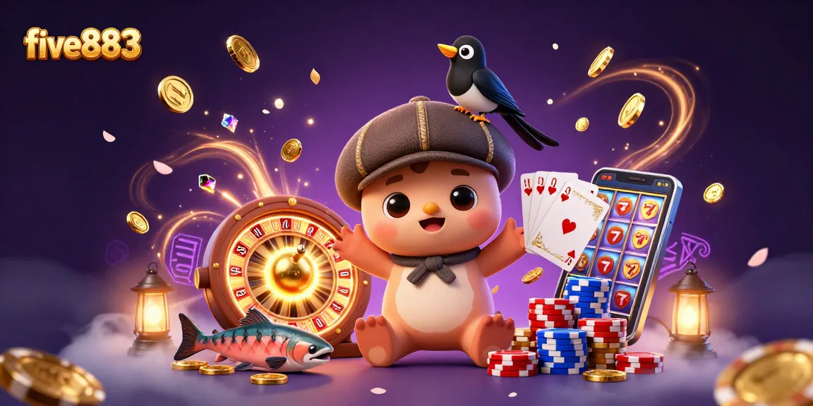 Spin and win at five883 with this vibrant 3D casino scene, showcasing dynamic games and lucky symbols.