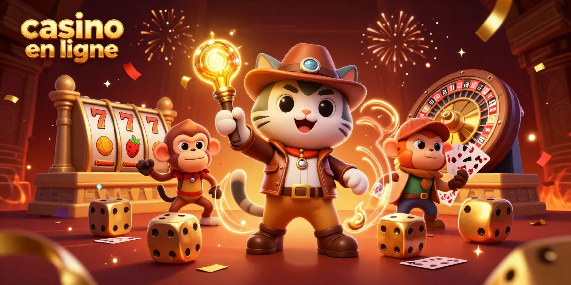 Illustration dynamique d'un chat explorateur et d'un singe dans un temple, mettant en avant le concept de casino en ligne.