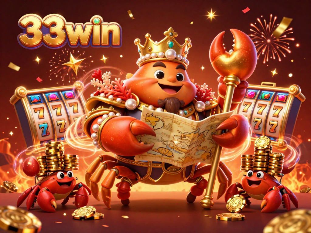 Spin the winning reels at 33win with a vibrant golden crab emperor ruling over jackpot excitement.