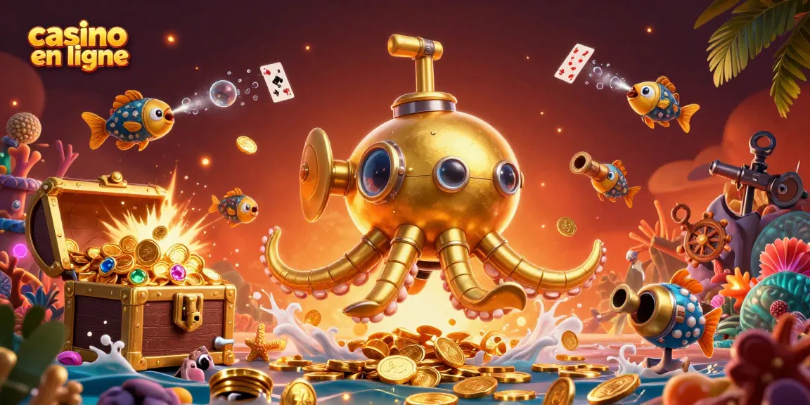 Découvrez le monde du casino en ligne avec ce kraken sous-marin doré entouré de pièces et de cartes à jouer.