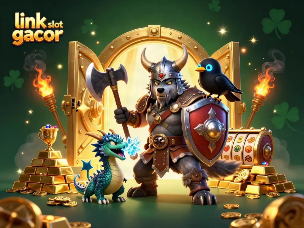 Explore exciting jackpot opportunities with link slot gacor featuring a Viking warrior, fiery dragon, and glowing treasures.