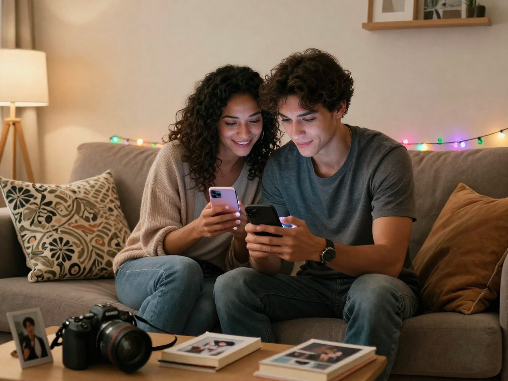 Engaging couple enjoying ai sexting in a cozy living room setting.