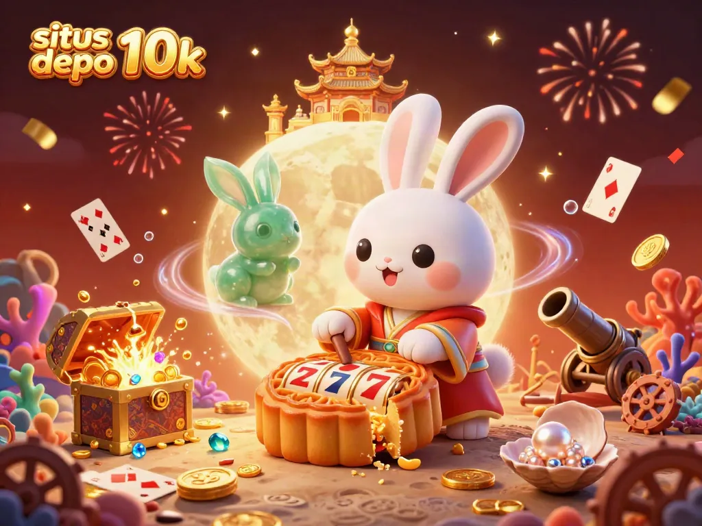 Situs slot depo 10k features engaging 3D illustration of a moon rabbit revealing slot reels surrounded by vibrant casino elements.