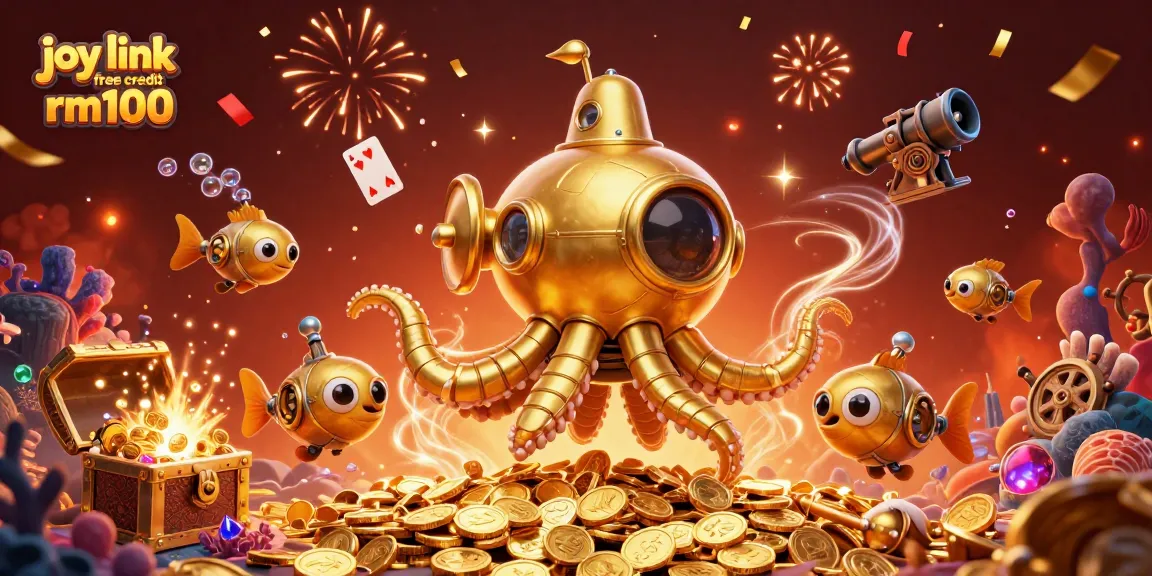 Engage with joy link free credit rm100 in a vibrant 3D casino scene featuring a golden kraken submarine.