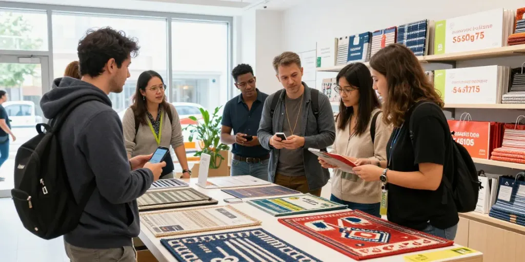 Engaged shoppers exploring eco-friendly products at Shopsmart retail store.