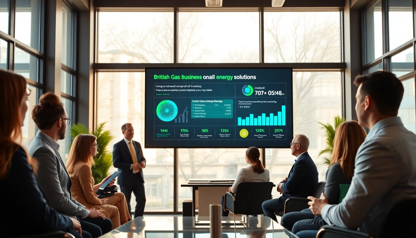 Collaborative team analyzing data related to british gas business gas in a modern office.