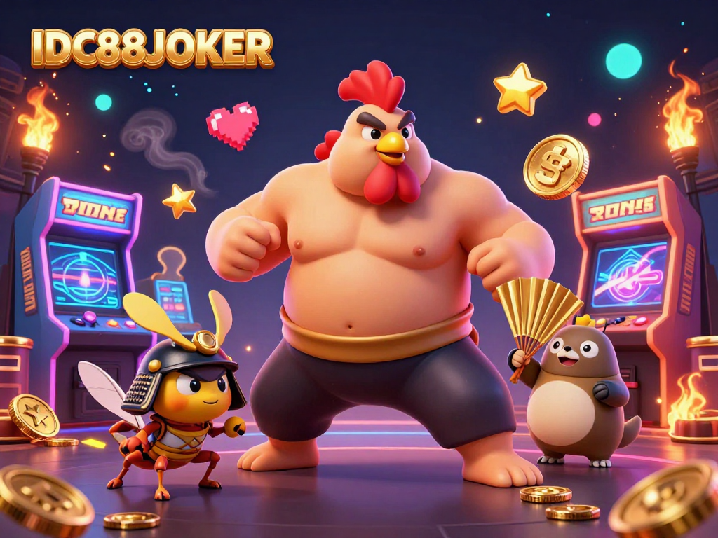 Play with IDC88JOKER featuring a powerful sumo rooster, fierce cricket, and tanuki announcer in a vibrant casino scene.