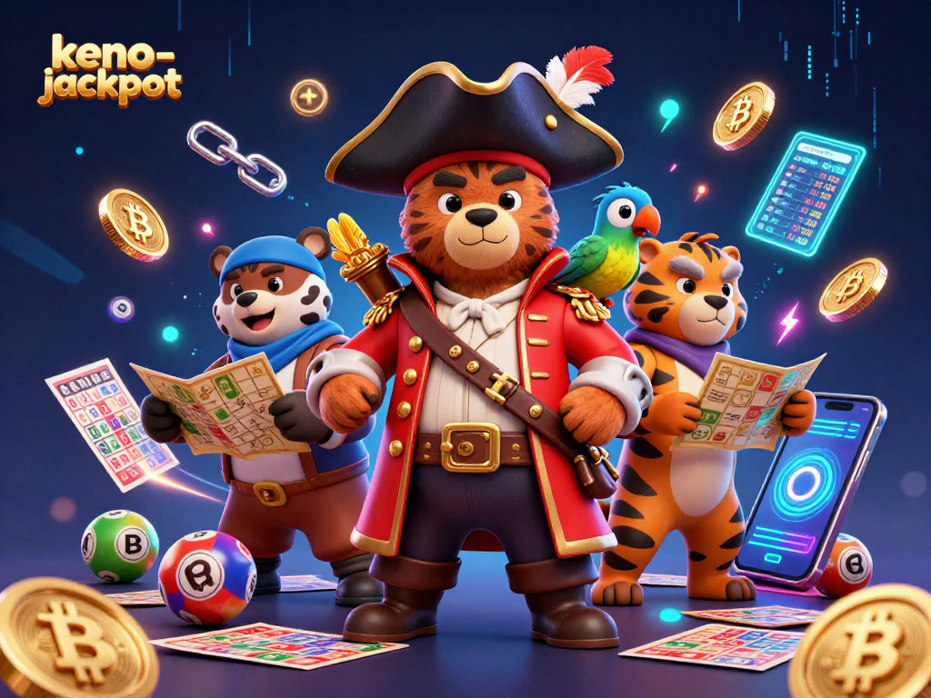 Engage with keno-jackpot in a vibrant scene featuring lottery elements and cartoon characters.