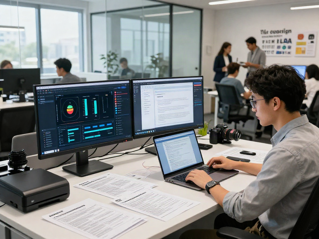 Document fraud detection solution interface in a modern office showcasing real-time analytics and cybersecurity.