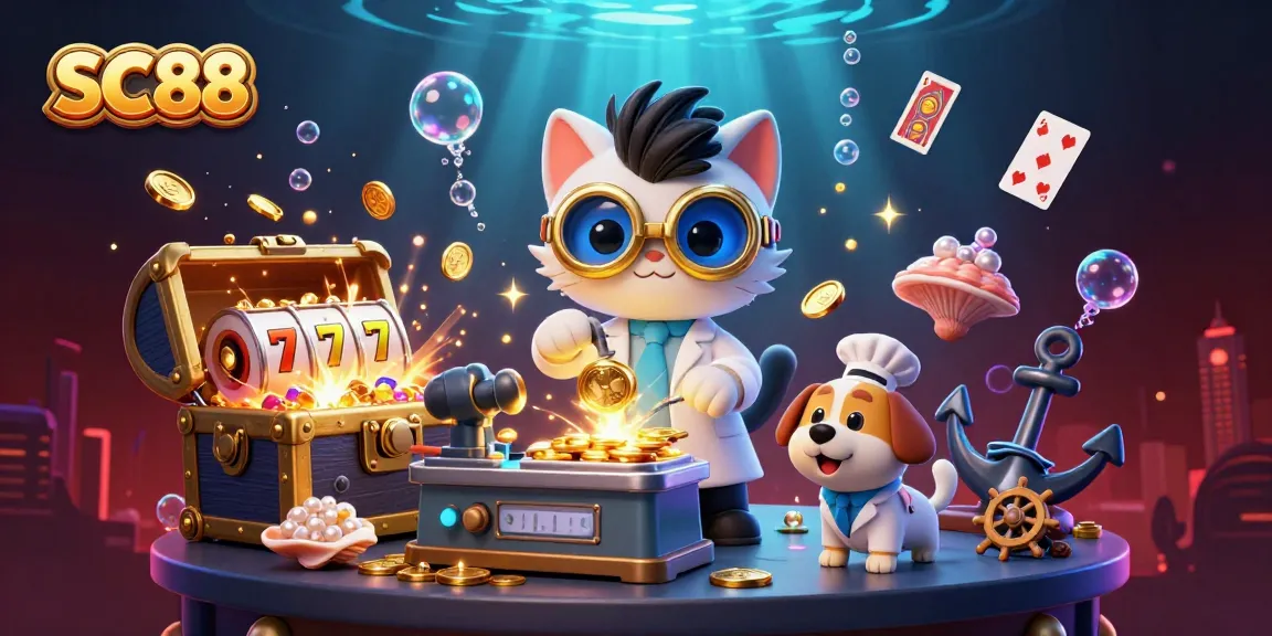 SC88 offers fast-paced casino action with vibrant illustrations of slots, coins, and characters.