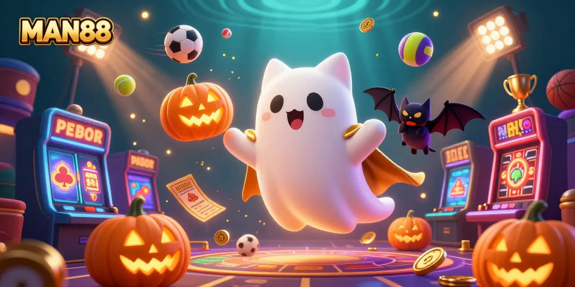 Engage with the vibrant MAN88 casino scene, featuring a ghost cat, sports elements, and a playful atmosphere.