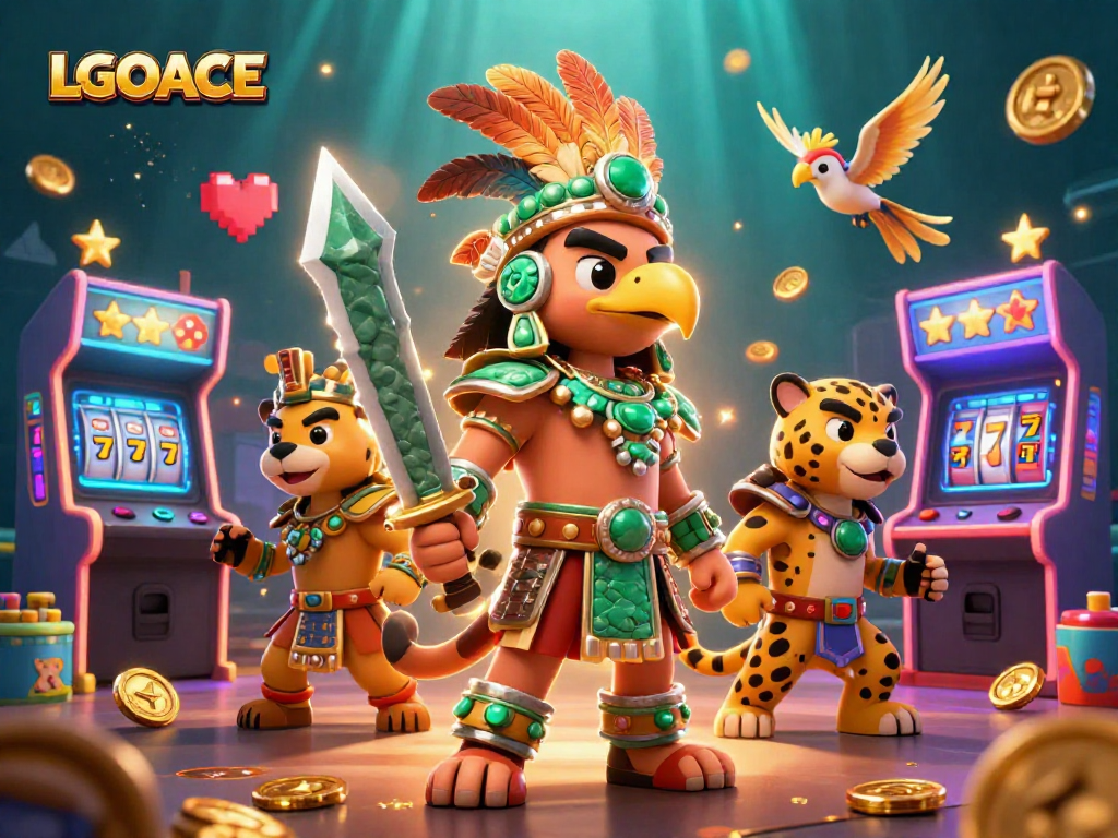 LGOACE players spin vibrant slot reels with Aztec warriors and arcade games in a magical casino atmosphere.