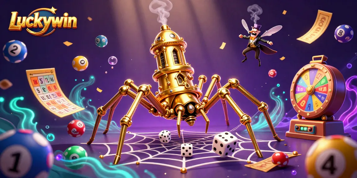Engage with Luckywin's captivating 3D casino illustration featuring steampunk elements and vibrant lottery visuals.