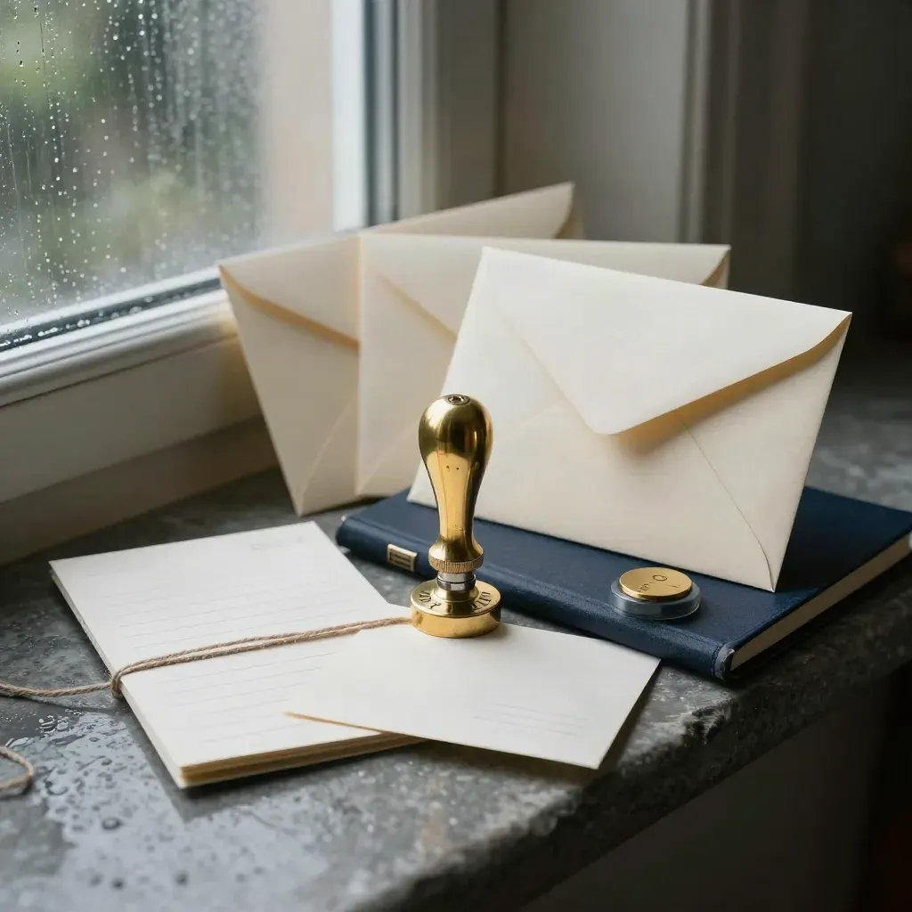 Brass embosser with sealed donor envelopes, ledger, cards and slate weight on a rain-damp stone ledge.