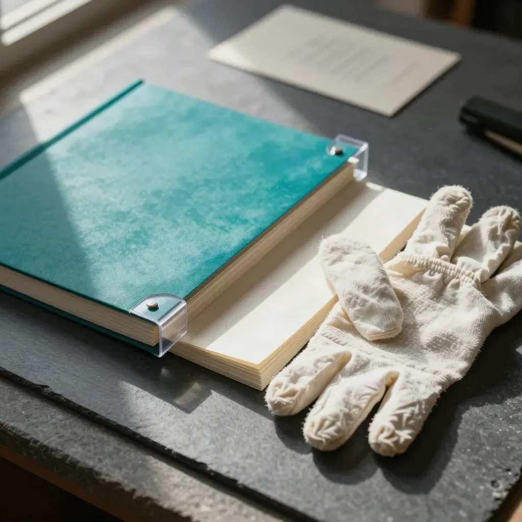 Archival tissue, corner protectors, gloves and a teal sleeve on graphite stone.