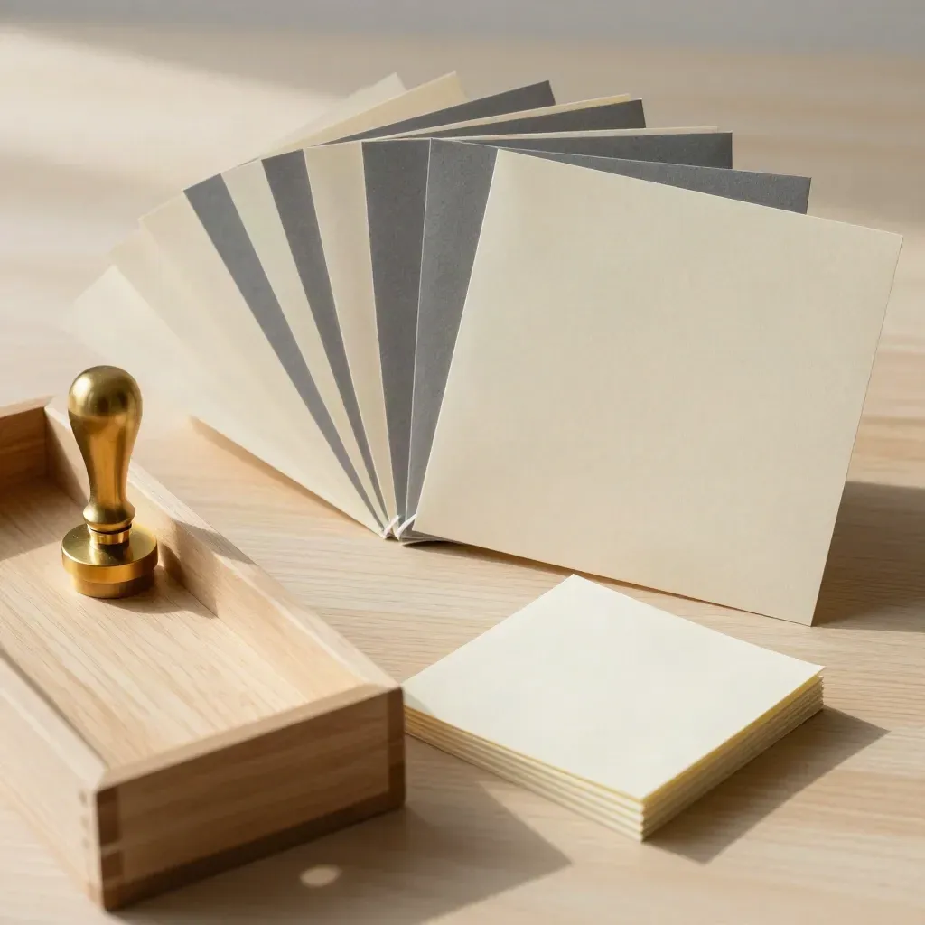 Overhead still life of stewardship folders, gold stamp, tray and notes on pale wood.