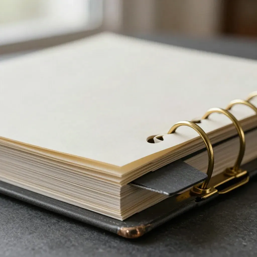 Brass ring binder with blank cards and a slate tab in a tight macro still life.