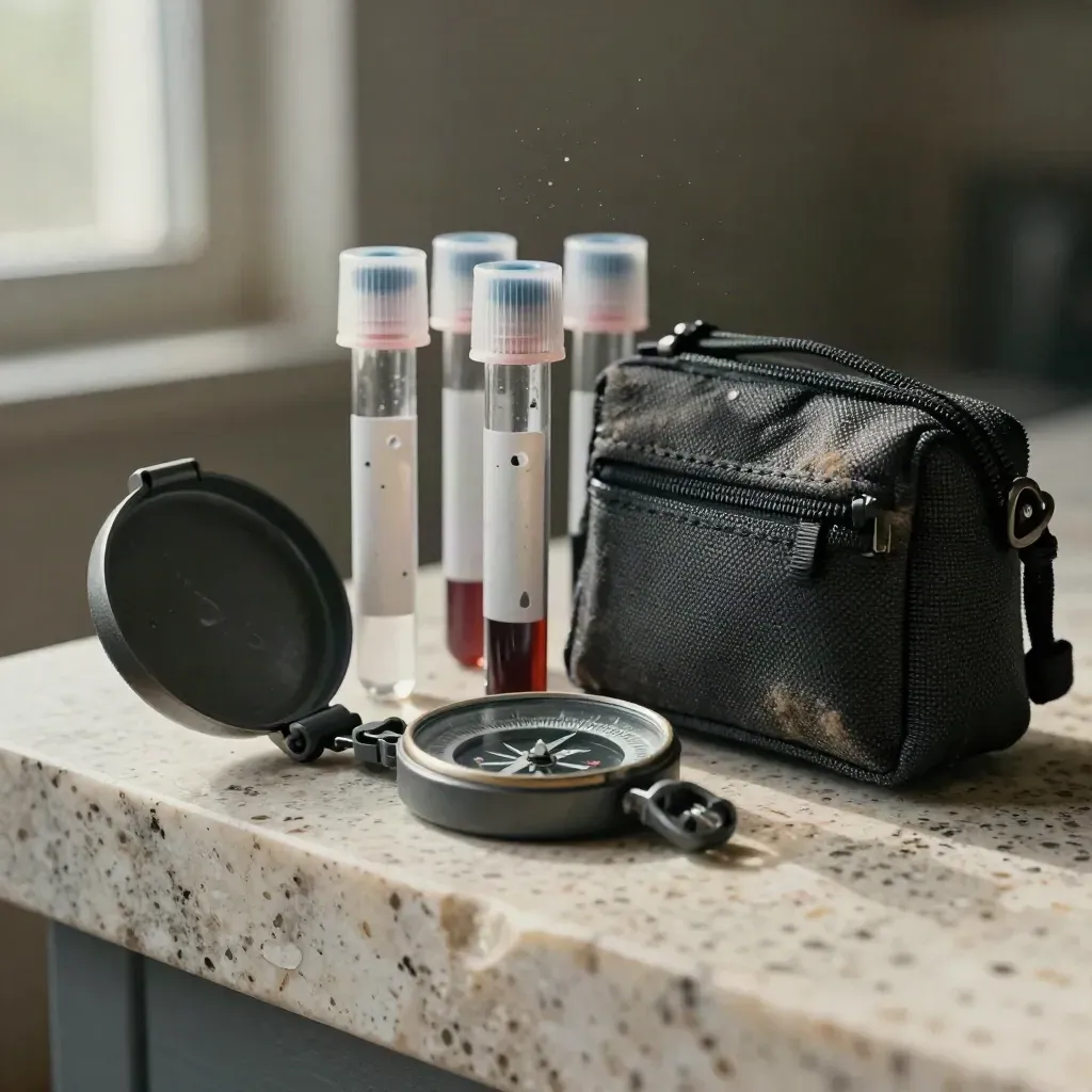 Field sample tubes, weatherproof tags, a compass case, and a gear pouch on travertine.