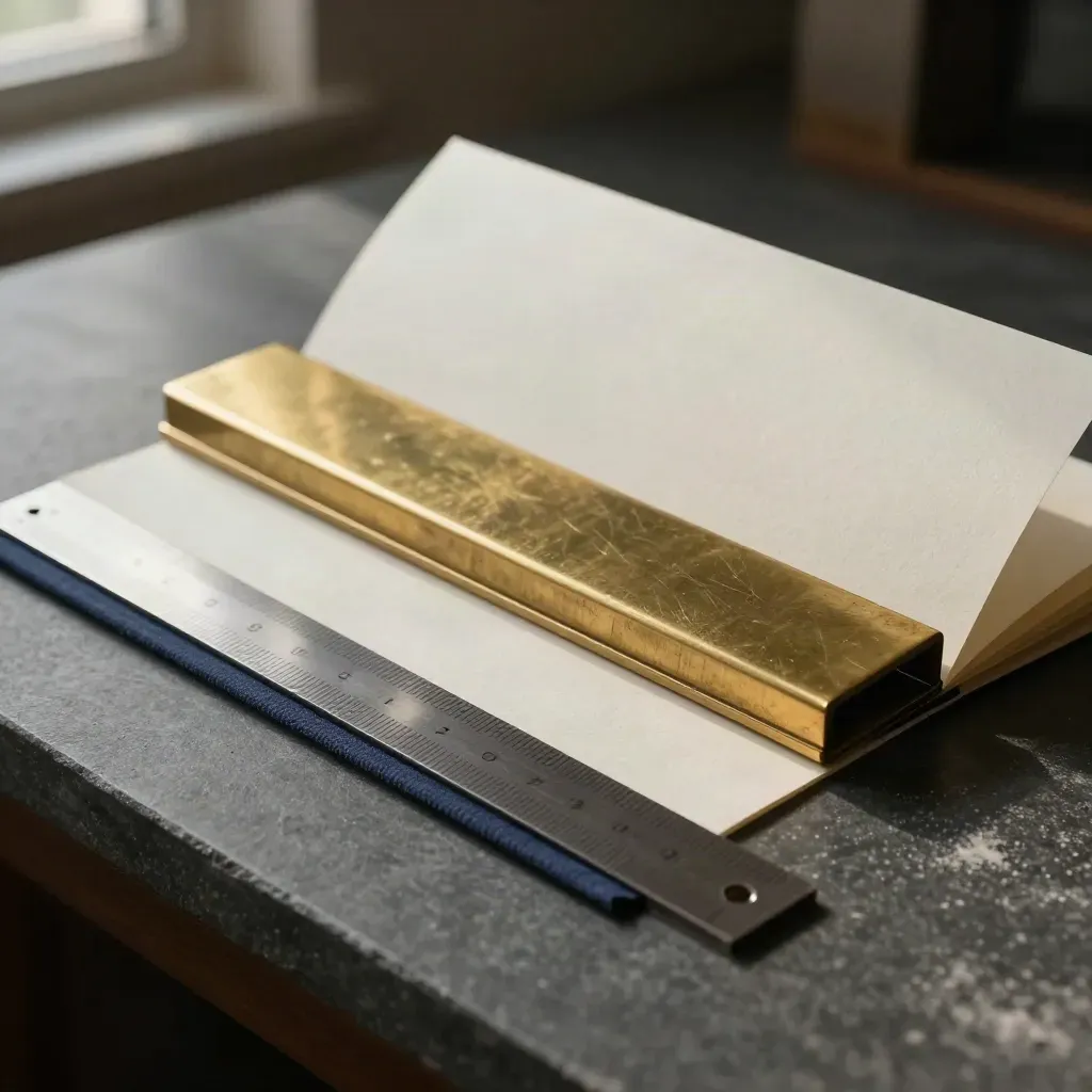Letterpress composing stick beside folded sheet, brass folder and steel rule on graphite stone.