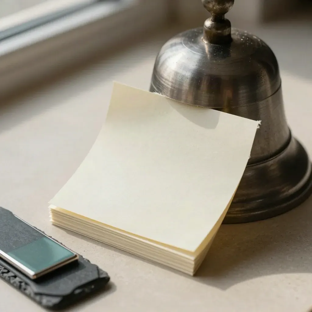 Macro still life of a reminder bell, blank cards, and an inbox clip on stone.