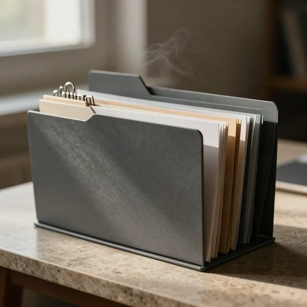 Tiered inbox organizer with blank folders, paper clips, and divider block on limestone.