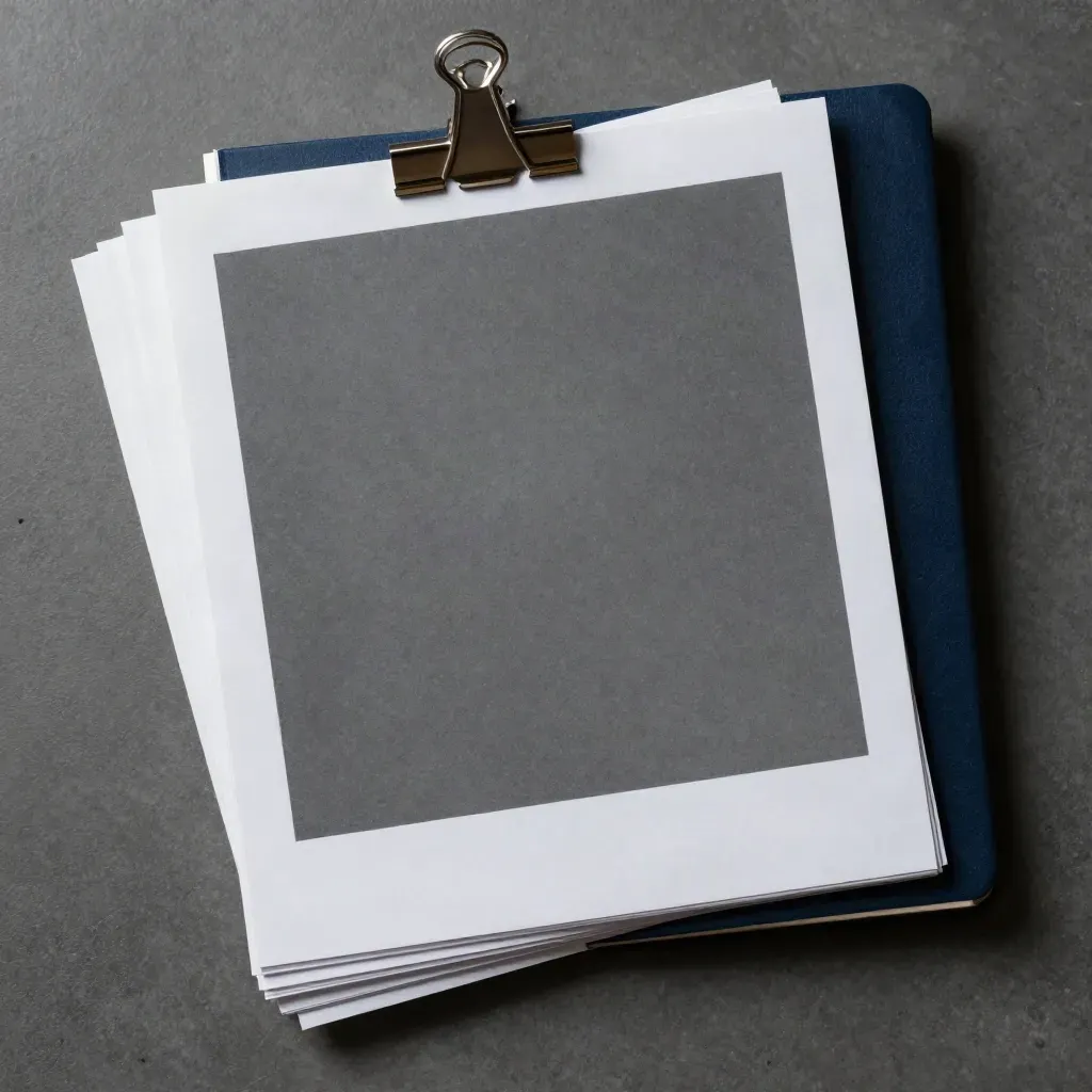 Top-down report bundle with clamp, tabbed sleeve, and navy ledger weight on grey paper