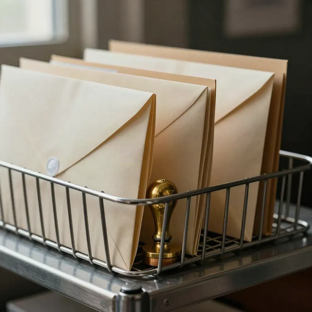 Macro still life of envelopes, folders, brass stamp and wire inbox tray on a dark shelf.