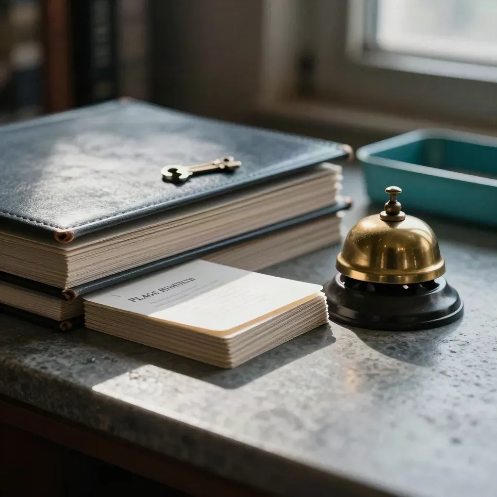Pledge reminder cards under a ledger weight beside a desk bell and teal file tray