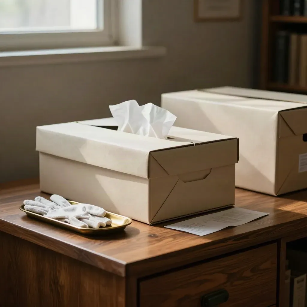 Archival stewardship supplies on a walnut shelf in dramatic studio light.