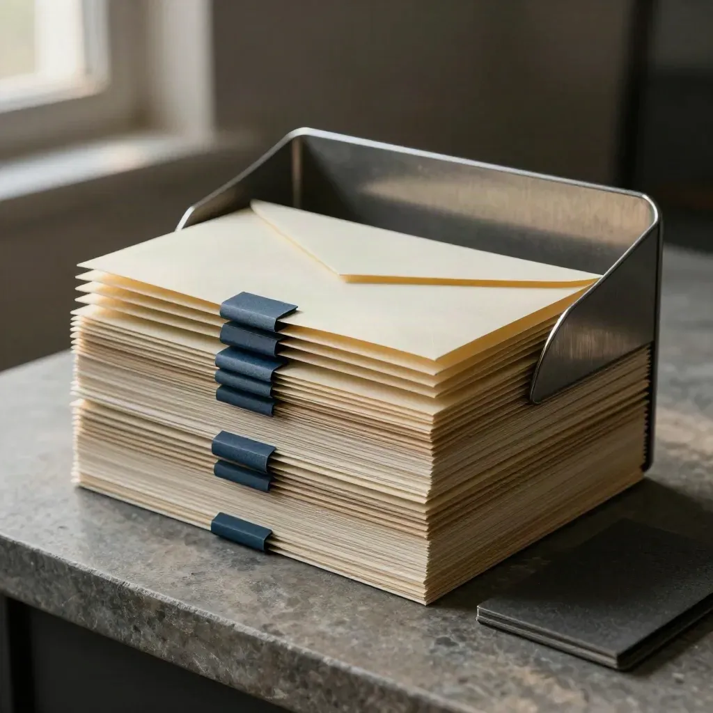 Tabbed reminder trays, clipped envelopes, sorter, and blotter stacked on stone in soft light